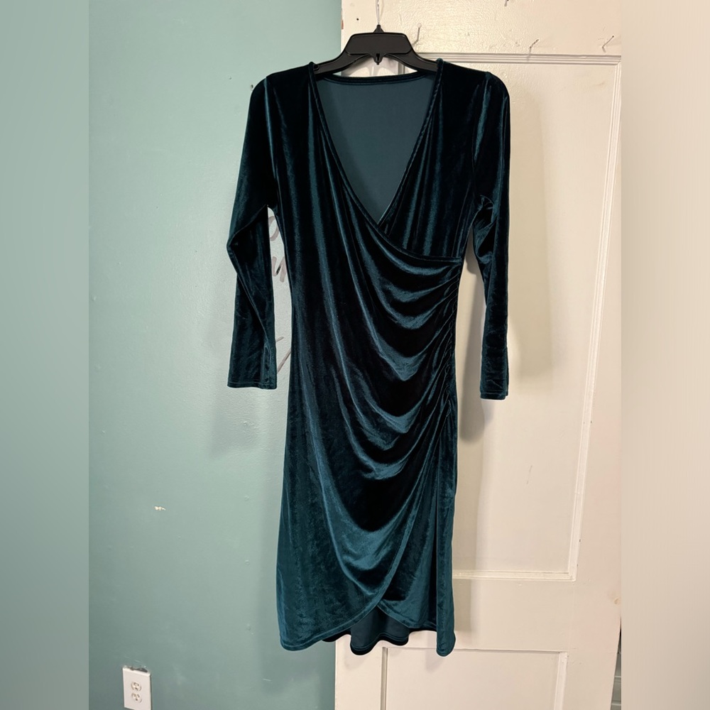 Teal Green Blue V Neck Velvet Dress Body Con M Medium